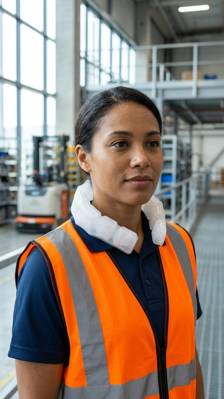 Manutentionnaire portant le tour de cou TerraKool NUQUE dans un entrepôt logistique