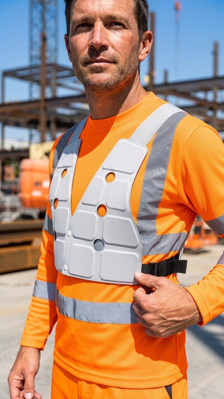 Ouvrier en gilet hi-vis orange portant le gilet TerraKool VESTE sur un chantier