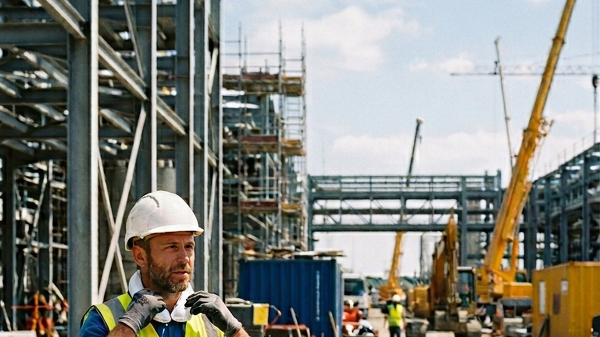 Ouvrier de chantier en gilet hi-vis ajustant son tour de cou rafraîchissant TerraKool NUQUE