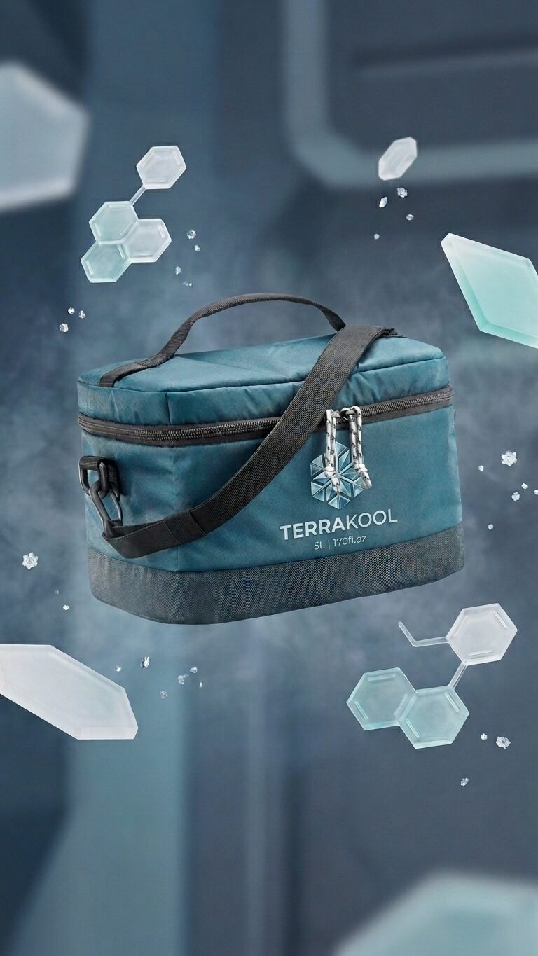 Kit TerraKool RECHARGE — sacoche isotherme bleue avec packs PCM hexagonaux pour resolidification terrain