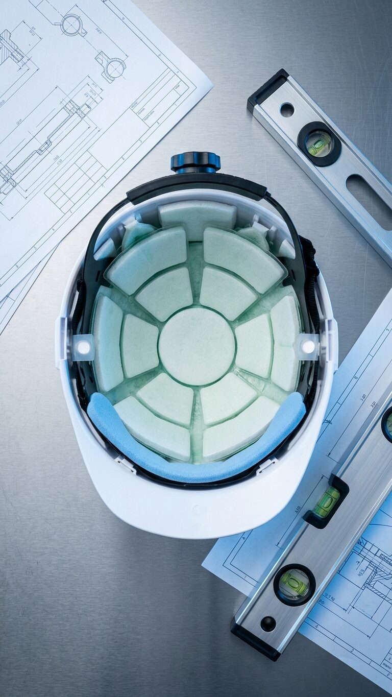Module PCM TerraKool TÊTE intégré dans un casque de chantier, vu de l'intérieur