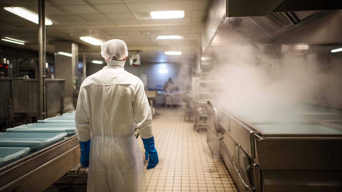 Opérateur en tenue HACCP blanche dans une chaîne de cuisson industrielle agroalimentaire avec dégagement de vapeur