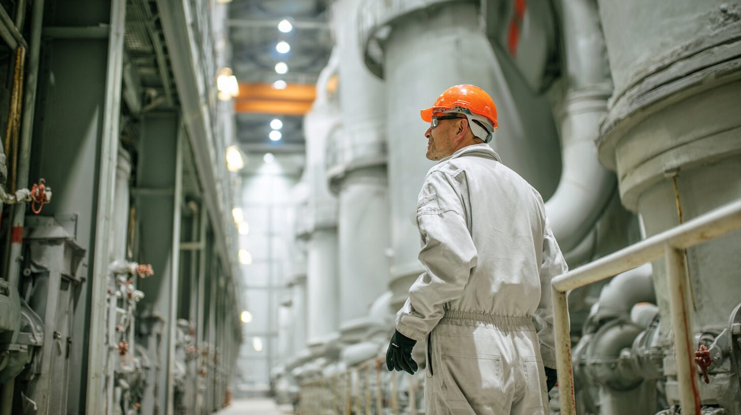 Opérateur de maintenance en combinaison ATEX blanche dans la salle des turbines d'une centrale énergie