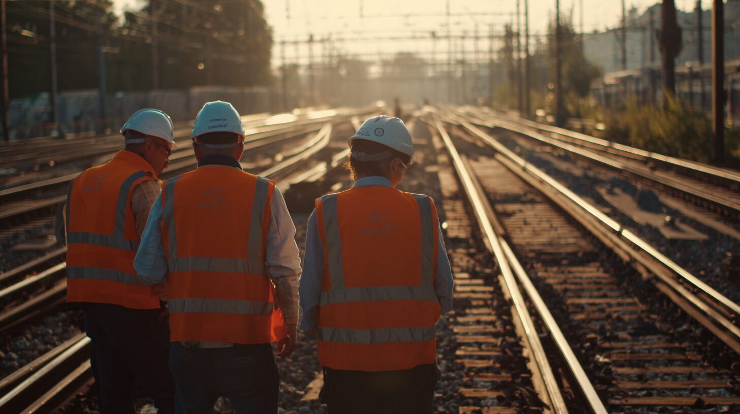 Équipe de maintenance ferroviaire en gilets orange hi-vis sur les voies en pleine chaleur estivale