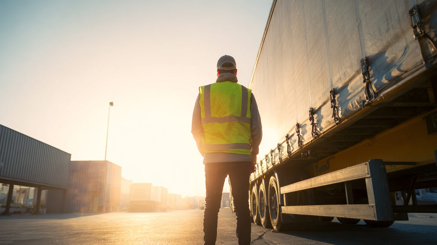 Manutentionnaire en gilet hi-vis classe 2 sur un quai de chargement extérieur en pleine chaleur estivale